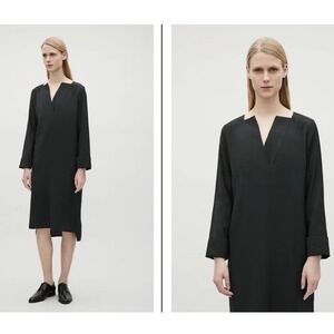 COS Black Tunic Dress Sz6 Vneck Split Turn Up Cuffs Lagenlook Minimalist Capsule